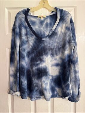 Wishful Park Blue Tie-Dye V-Neck Waffle Knit Long Sleeve Top